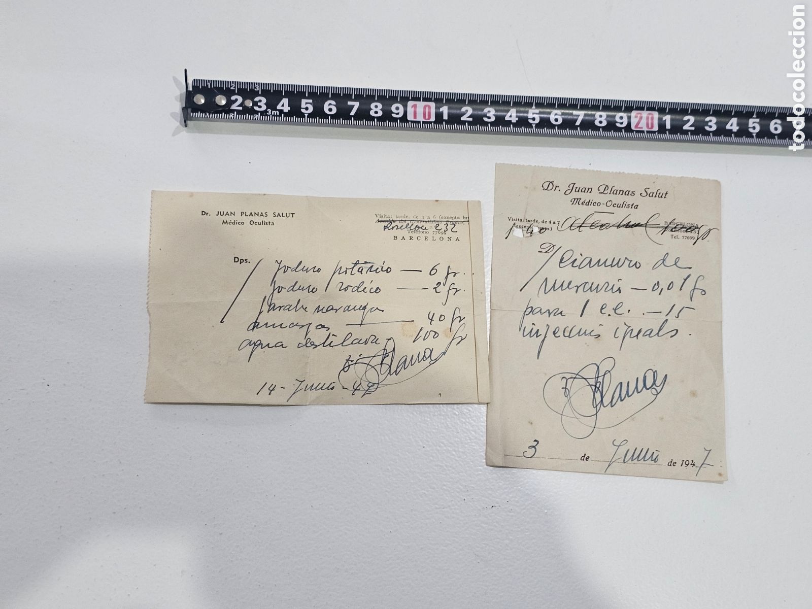 Otros art&iacute;culos de coleccionismo en papel: Lote 2 Recetas M&eacute;dicas Antiguas (1947) - Dr. Juan Planas Salut (Barcelona) - Coleccionismo M&eacute;dico /