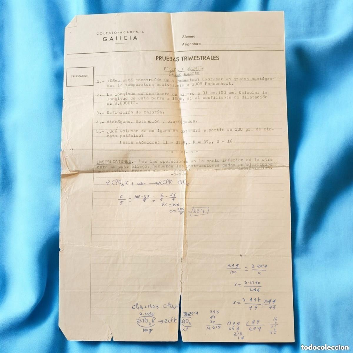 Altri oggetti di carta: Examen Trimestral Original F&iacute;sica y Qu&iacute;mica &ndash; Colegio Academia Galicia &ndash; A&ntilde;os 60