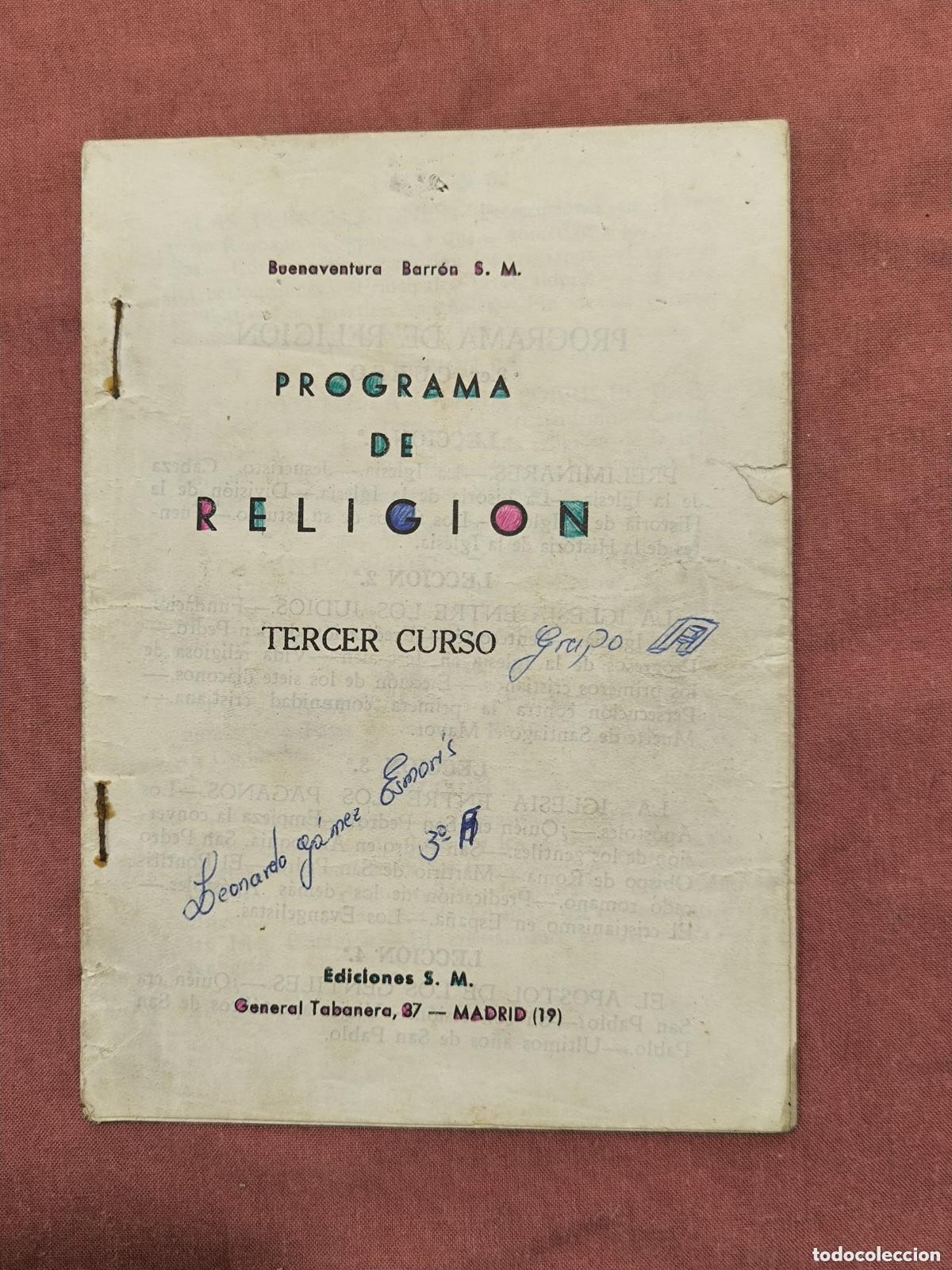 Collectionnisme Papier divers: Programa de Religi&oacute;n Tercer Curso &ndash; Ediciones SM Barr&oacute;n Escolar Antiguo