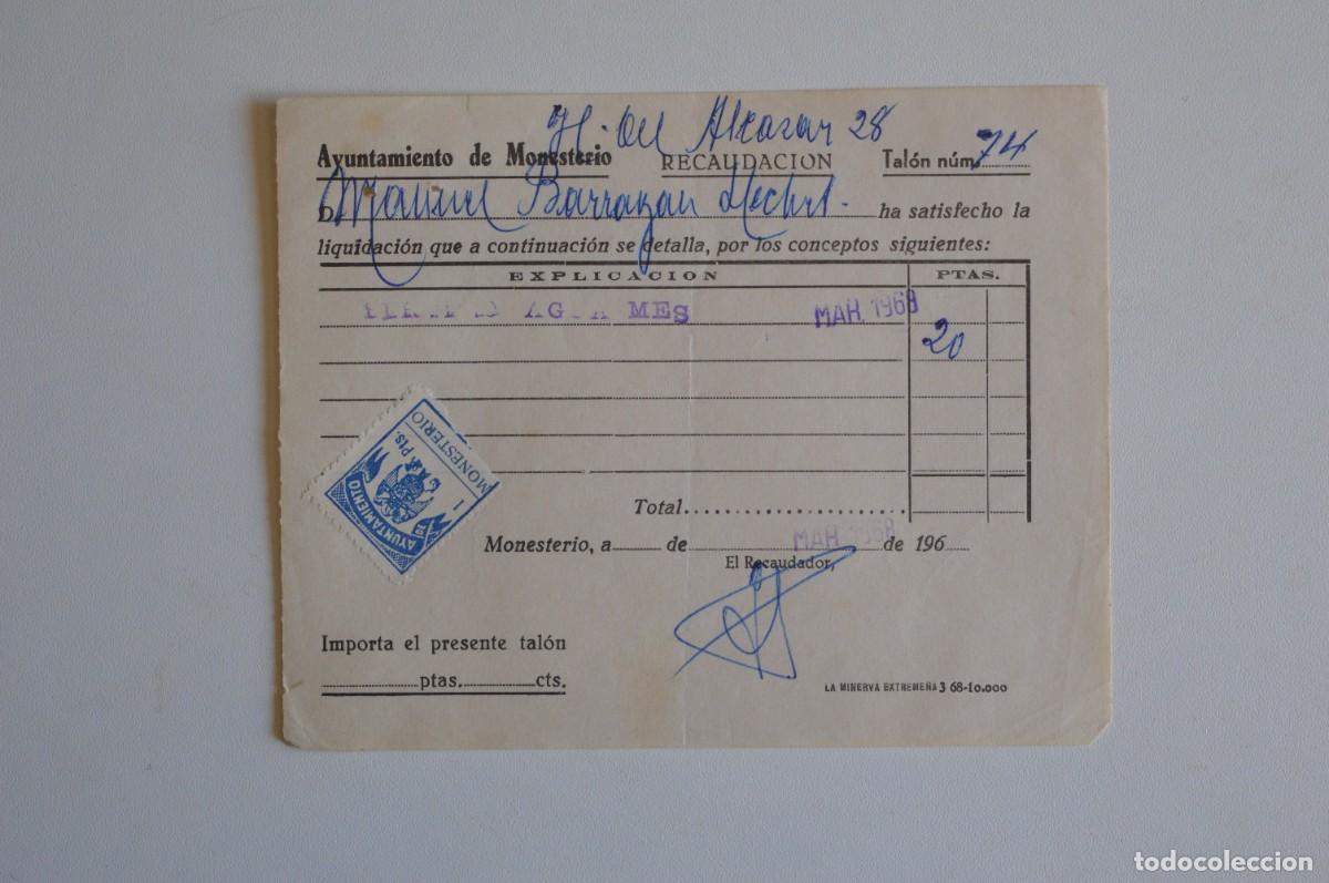 Otros art&iacute;culos de coleccionismo en papel: AYUNTAMIENTO DE MONESTERIO MARZO 1968 RECAUDACI&Oacute;N AGUA MES SELLO 1 PTS PESETAS RAREZA DIF&Iacute;CIL