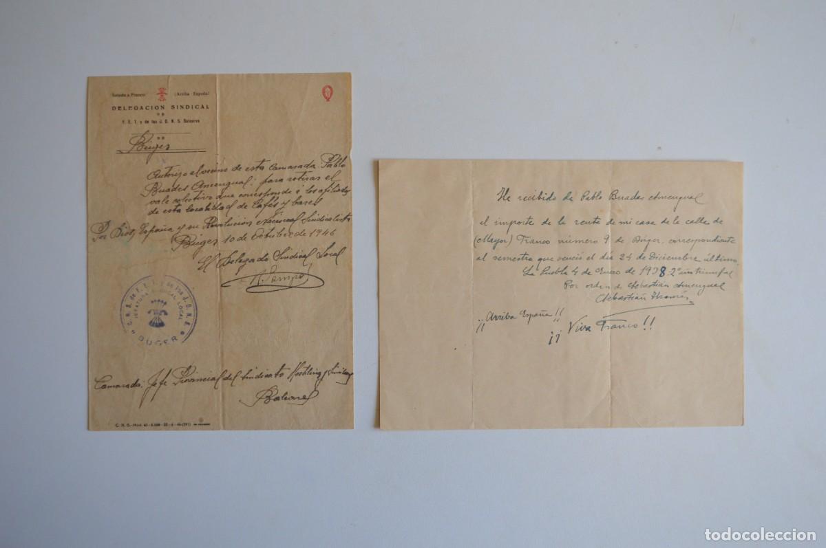 Otros art&iacute;culos de coleccionismo en papel: DOCUMENTO DELEGACI&Oacute;N SINDICAL F.E.T. Y DE LAS J.O.N.S. B&Uacute;GER BALEARES 10 OCTUBRE 1946 COMPRAVENTA