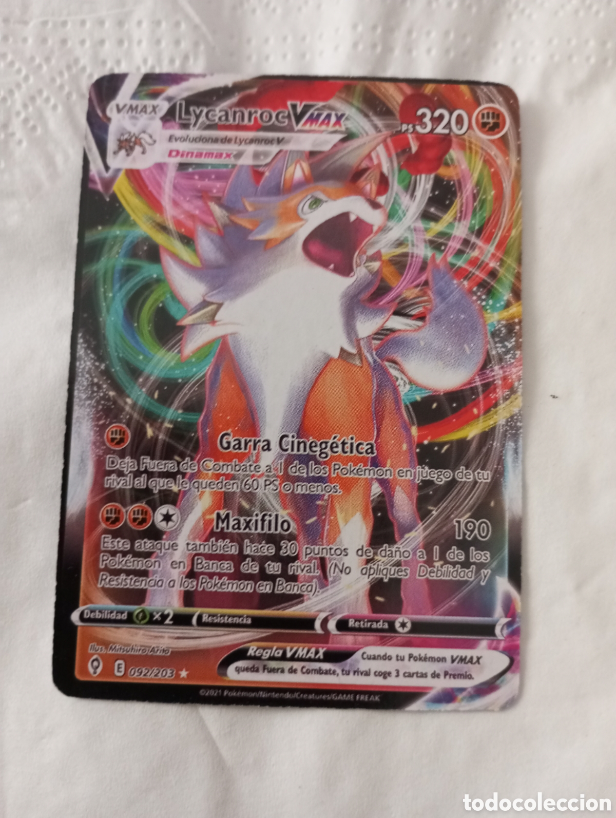 Otros art&iacute;culos de coleccionismo en papel: Carta Pok&eacute;mon lycanroc Vmax psv320 garra cineg&eacute;tica