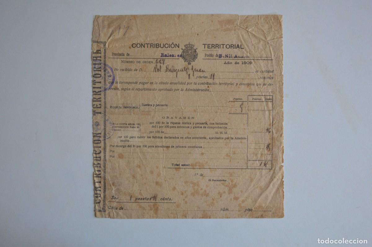 Collectionnisme Papier divers: DOCUMENTO CONTRIBUCI&Oacute;N TERRITORIAL BALEARES BINISSALEM 1909 ILLES BALEARS TRIBUTACI&Oacute;N PESETAS