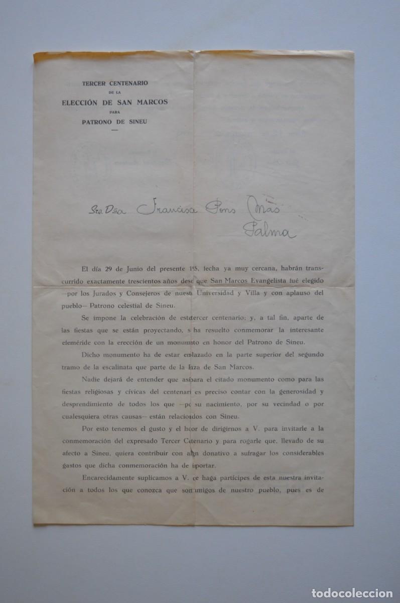 Outros artigos de papel: CARTA TERCER CENTENARIO DE LA ELECCI&Oacute;N DE SAN MARCOS PARA PATRONO SINEU ISLAS BALEARES ALCALDE 1945