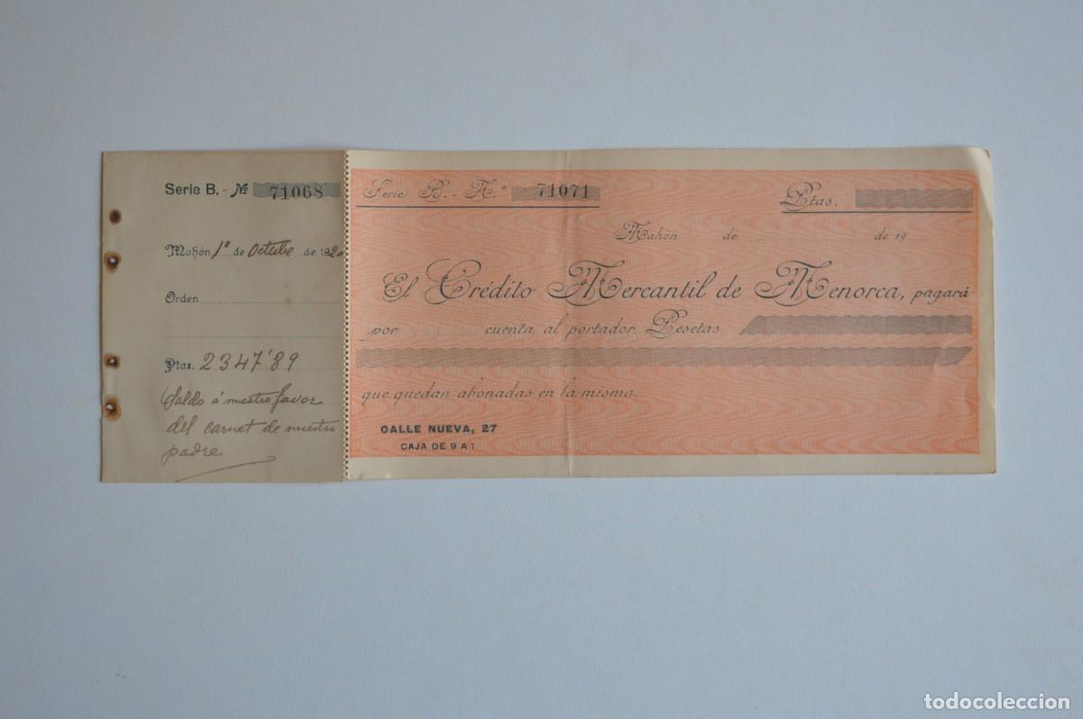 Outros artigos de papel: ANTIGUO TALONARIO SERIE B MAH&Oacute;N OCTUBRE 1920 CR&Eacute;DITO MERCANTIL DE MENORCA ISLAS BALEARES