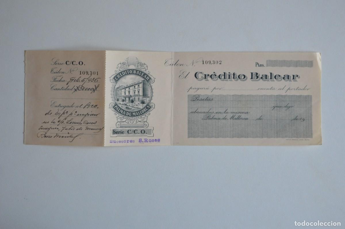 Otros art&iacute;culos de coleccionismo en papel: ANTIGUO TALONARIO AL PORTADOR USADO CR&Eacute;DITO BALEAR PALMA DE MALLORCA A&Ntilde;O 1936 ISLAS BALEARES