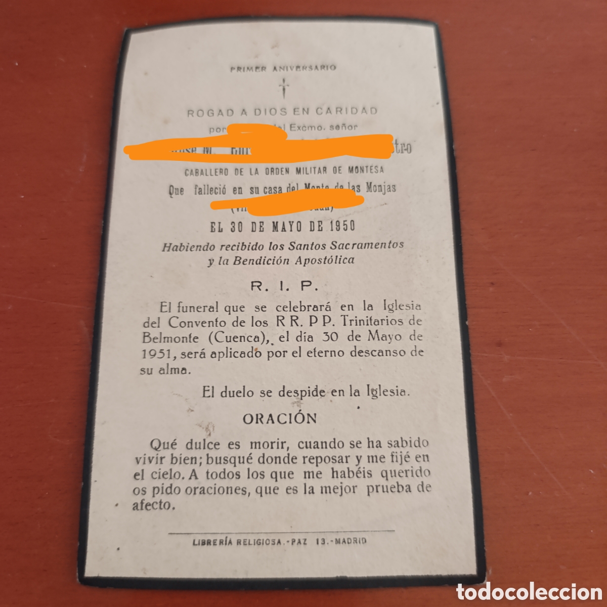 Outros artigos de papel: Caballero de la Orden de Montesa - Recordatorio 1951 -