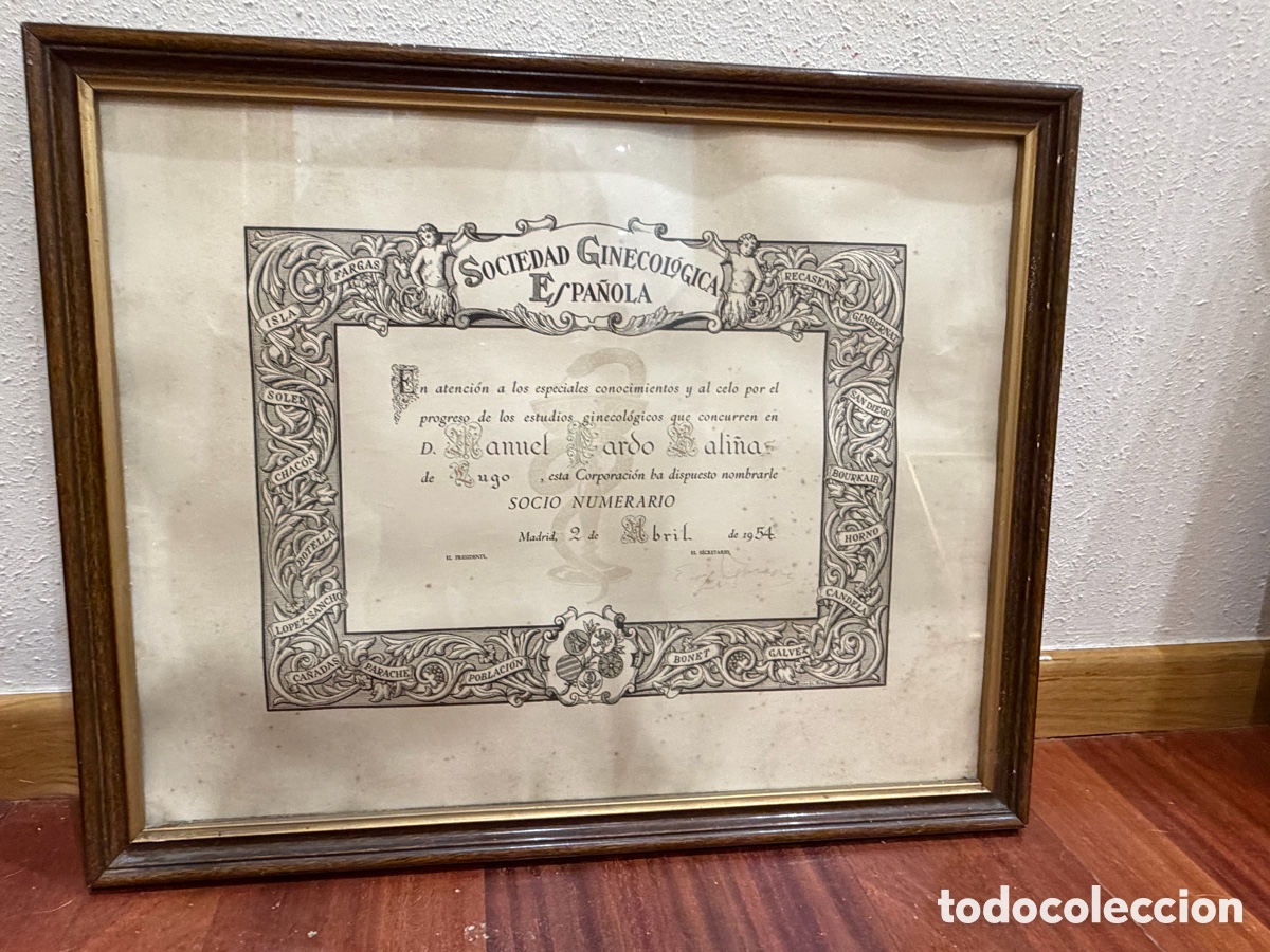 Outros artigos de papel: Diploma Antiguo Sociedad Ginecol&oacute;gica Espa&ntilde;ola (1954)