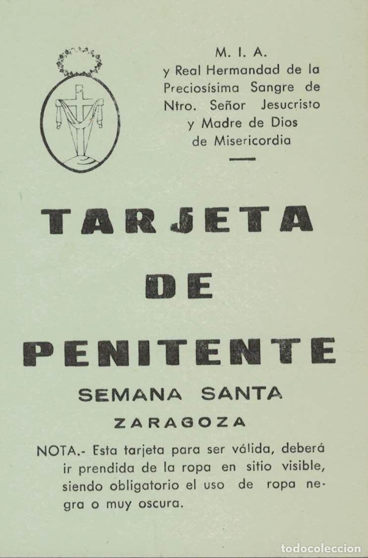 Otros art&iacute;culos de coleccionismo en papel: Tarjeta Penitente Semana Santa Zaragoza Real Hermandad Precios&iacute;sima Sangre Nuestro Se&ntilde;or Jesucristo