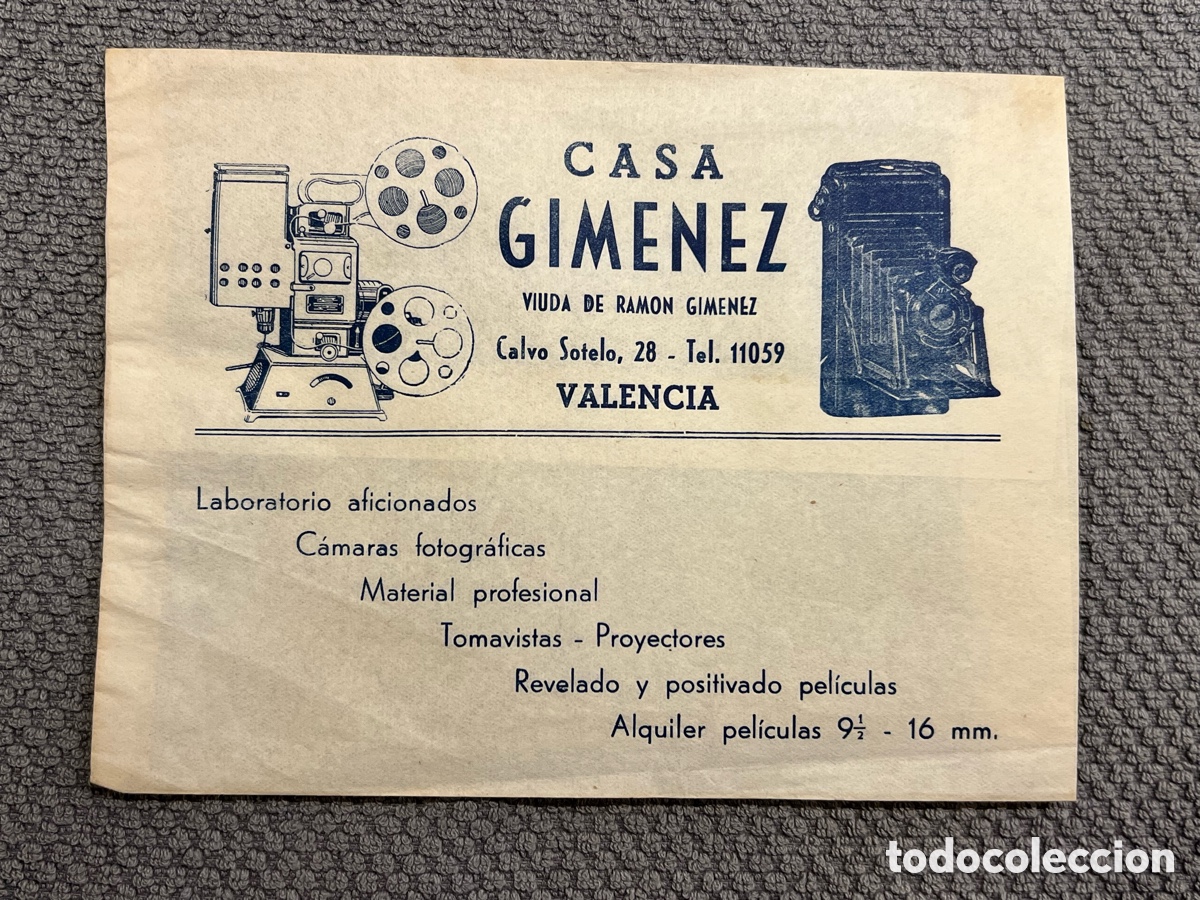 Outros artigos de papel: VALENCIA CASA GIM&Eacute;NEZ. Laboratorio aficionados, C&aacute;maras fotogr&aacute;ficas.. (h.1950?) 14 x 18 cm.