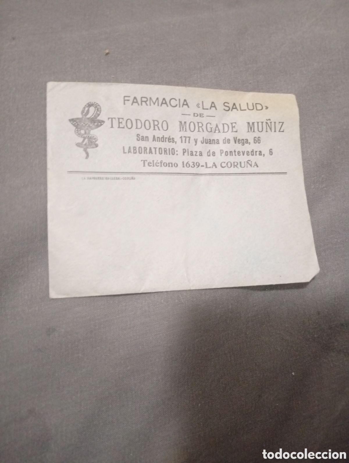 Altri oggetti di carta: PAPEL FARMACIA LA SALUD TEODORO MORGADE ( LA CORU&Ntilde;A