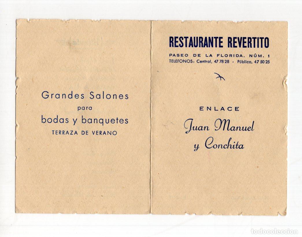 Sammelleidenschaft Andere Papierartikel: MINUTA BODA RESTAURANTE REVERTITO MADRID. PASEO DE LA FLORIDA N&Uacute;MERO 1.- 1957. MENU.