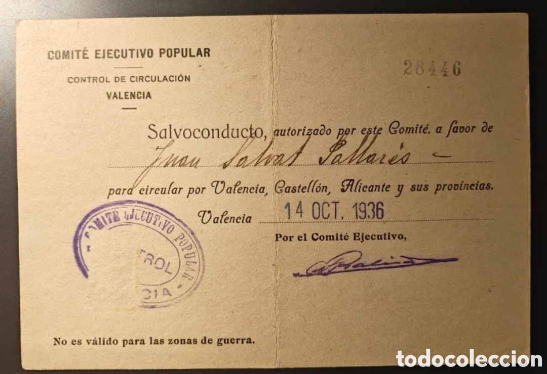 Collectionnisme Papier divers: Salvoconducto de 1936