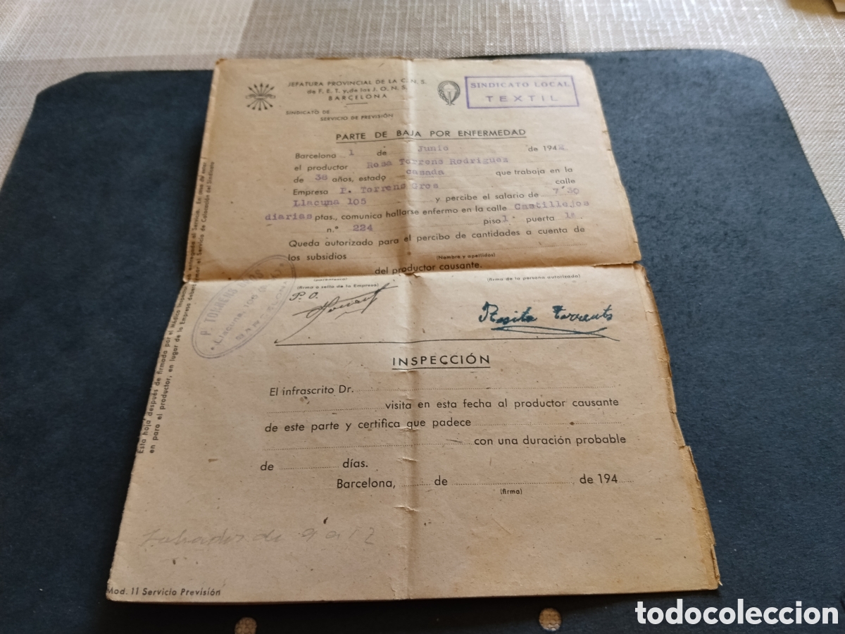 Otros art&iacute;culos de coleccionismo en papel: Parte de baja por enfermedad Rosita Torrens 1942