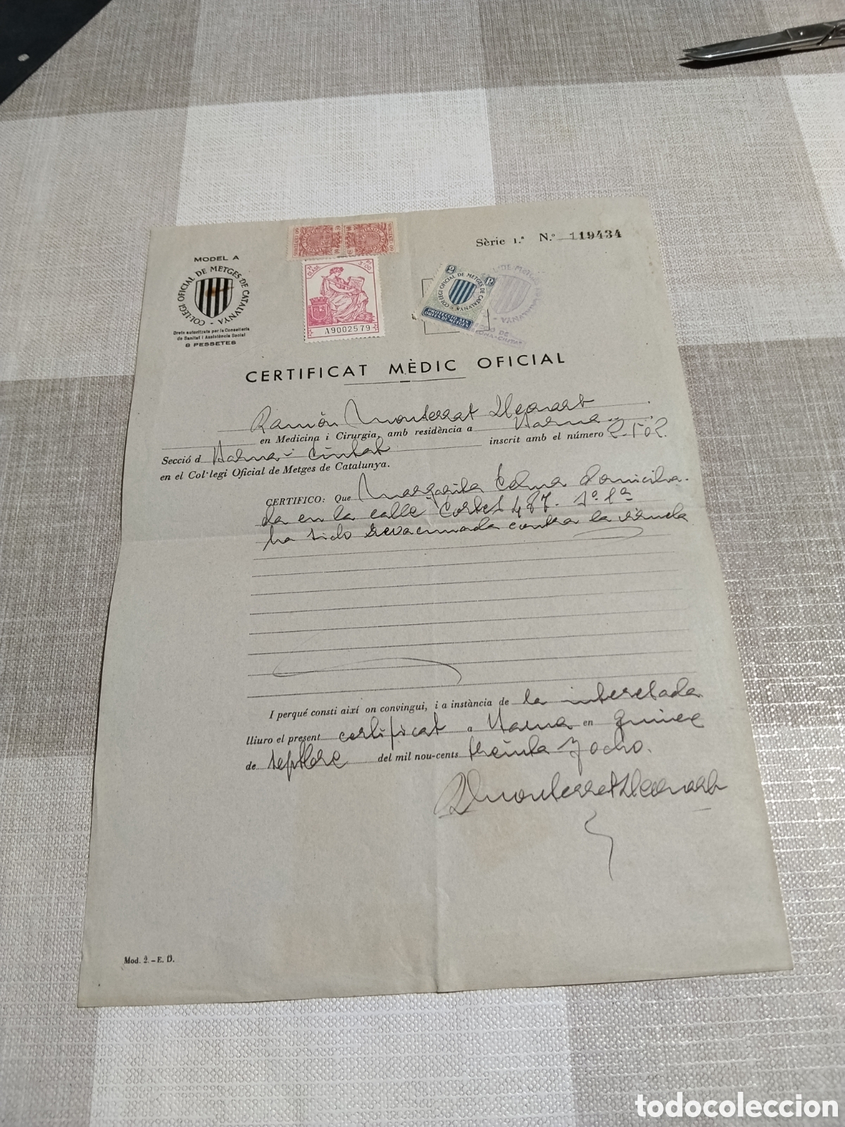 Altri oggetti di carta: Papel certificat medic oficial, Margarita Celma ha sido vacunada contra la viruela 1938