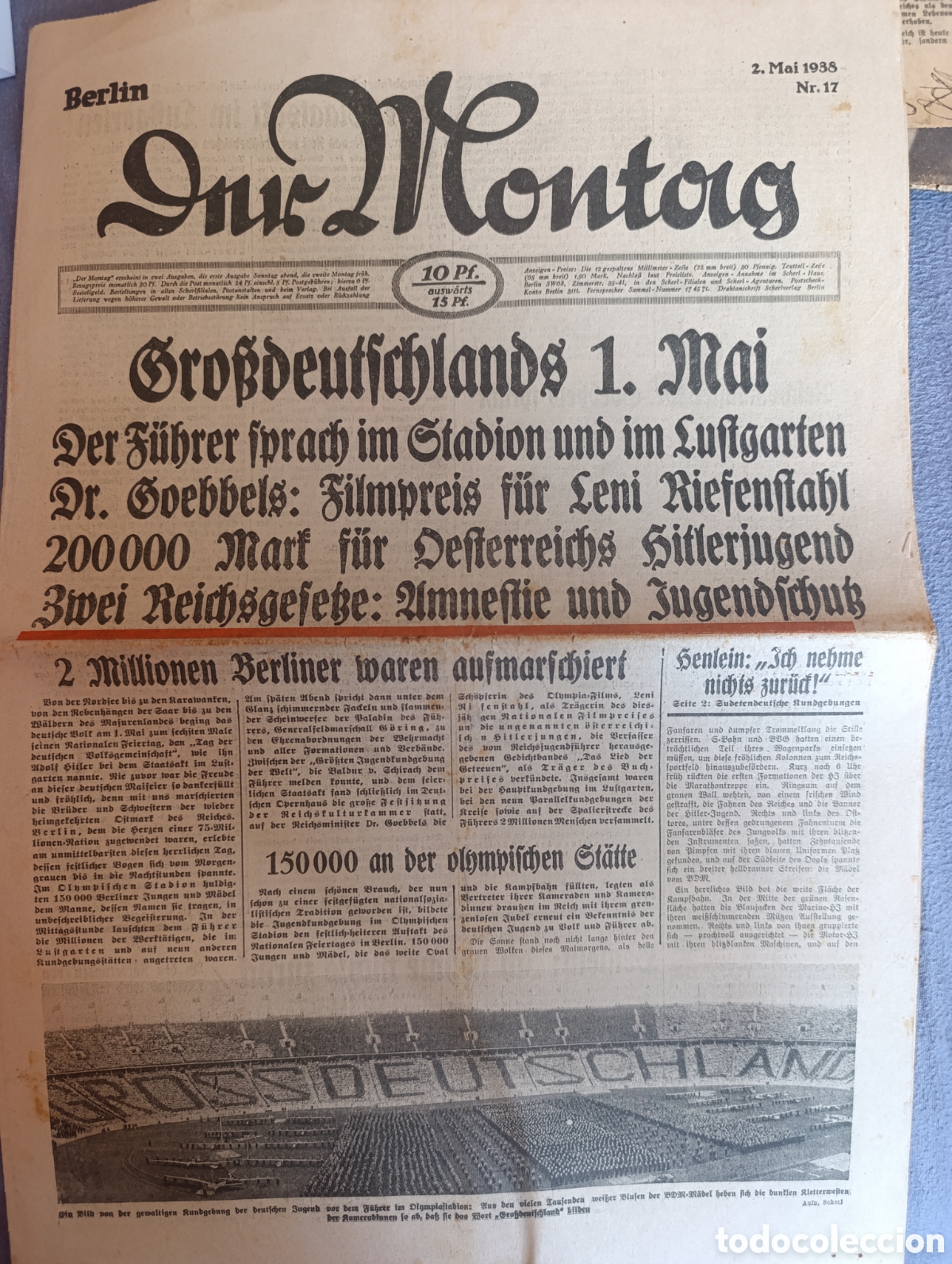 Otros art&iacute;culos de coleccionismo en papel: Peri&oacute;dico Der Montag 02/05/1938