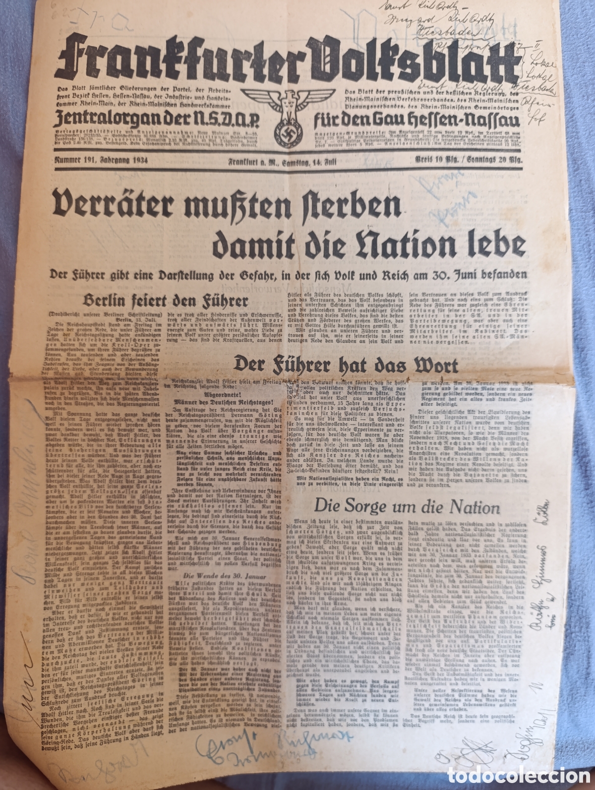 Otros art&iacute;culos de coleccionismo en papel: Frankfurter Voktsblatt 14/07/1934. Ernst R&ouml;hm.