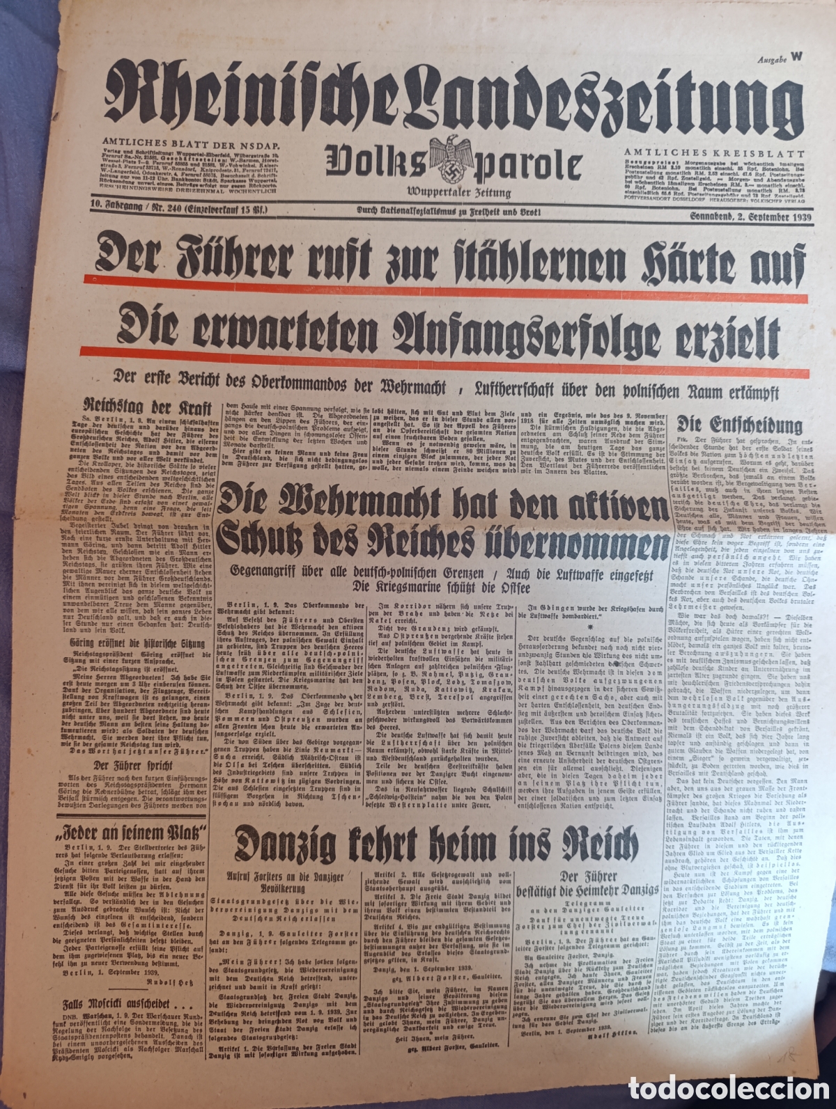 Otros art&iacute;culos de coleccionismo en papel: Rheinische Landeszeitung 02/09/39