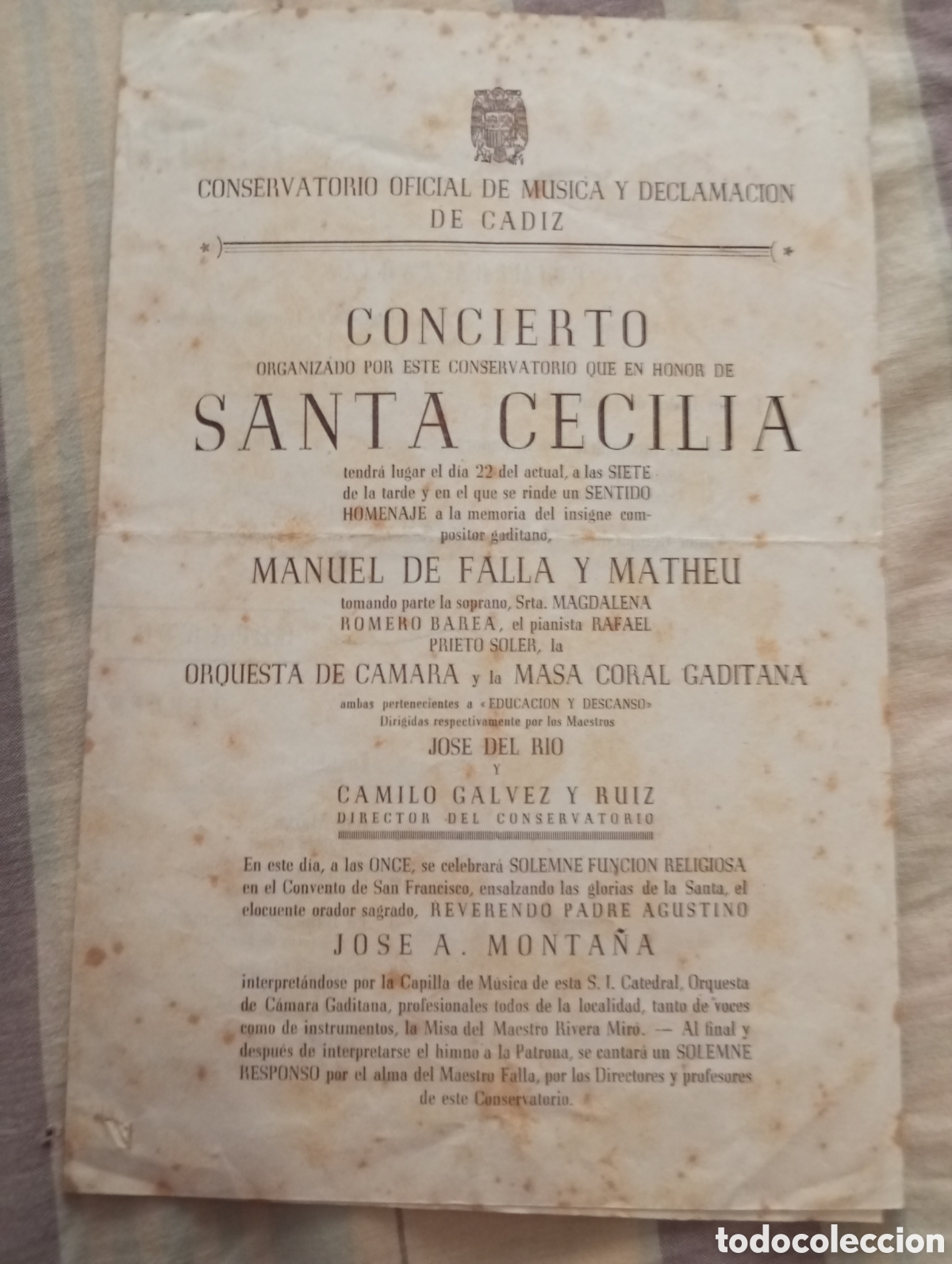 Otros art&iacute;culos de coleccionismo en papel: C&aacute;diz D&iacute;ptico concierto homenaje a Falla orquesta de c&aacute;mara y masa coral gaditana