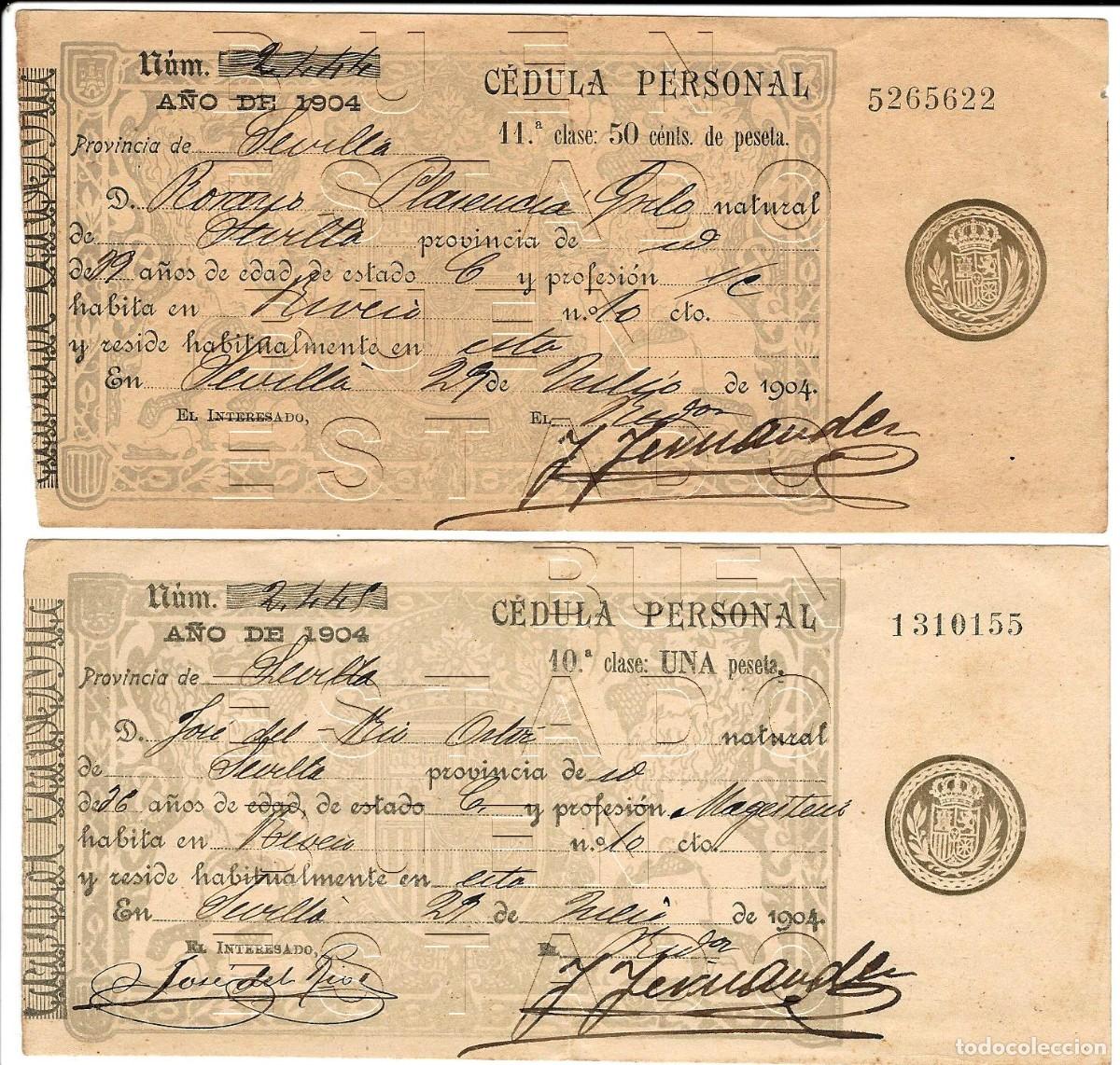 Otros art&iacute;culos de coleccionismo en papel: 1904 SEVILLA 2 CEDULAS PERSONALES M59