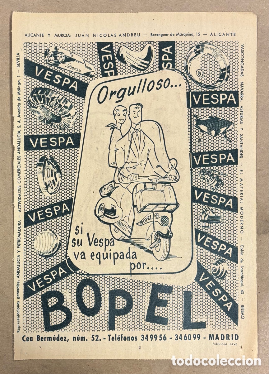 Otros art&iacute;culos de coleccionismo en papel: ACCESORIOS BOPEL PARA MOTOS VESPA. ANUNCIO PUBLICITARIO PERI&Oacute;DICO ABC A&Ntilde;OS 1955.