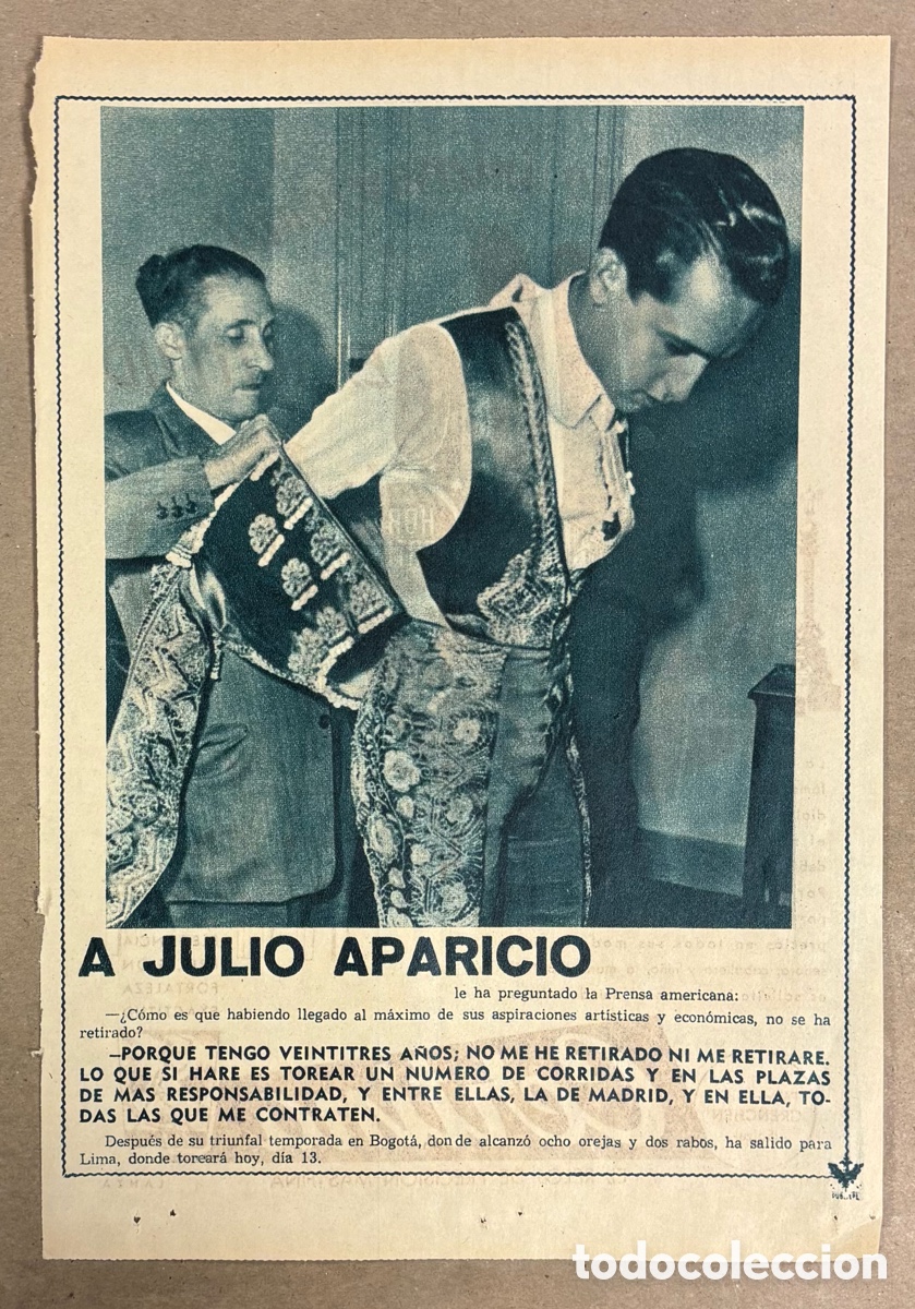 Otros art&iacute;culos de coleccionismo en papel: JULIO APARICIO TORERO. ANUNCIO PUBLICITARIO PERI&Oacute;DICO ABC A&Ntilde;OS 1955.