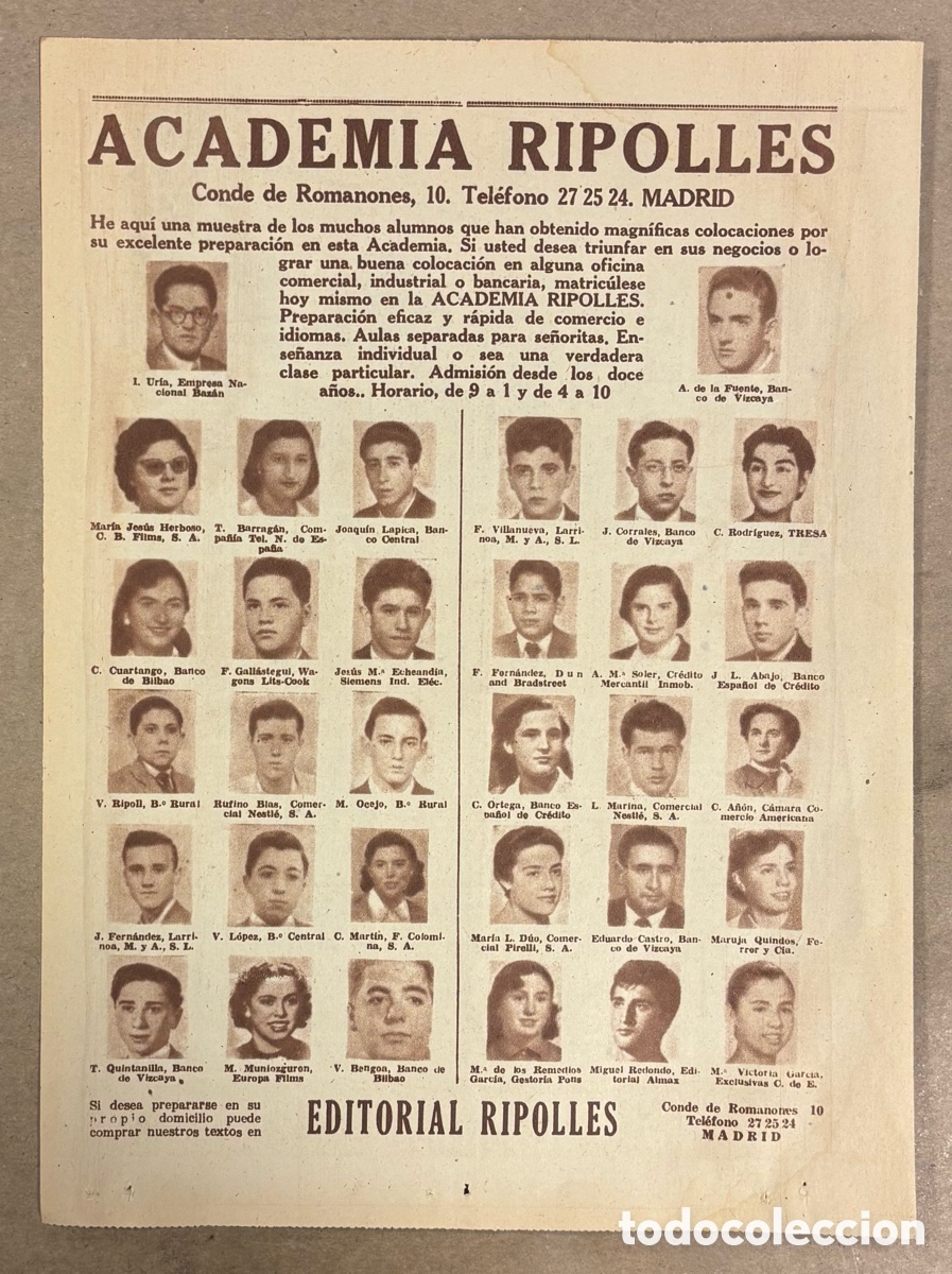 Otros art&iacute;culos de coleccionismo en papel: ACADEMIA RIPOLL&Eacute;S (MADRID). ANUNCIO PUBLICITARIO PERI&Oacute;DICO ABC A&Ntilde;O 1955. .