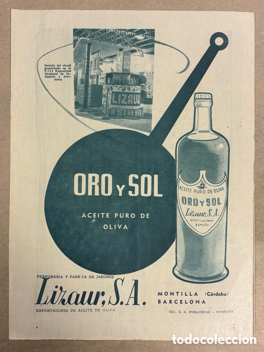Otros art&iacute;culos de coleccionismo en papel: ACEITE PURO DE OLIVA ORO Y SOL LIZAUR. ANUNCIO PUBLICITARIO PERI&Oacute;DICO ABC A&Ntilde;O 1958.