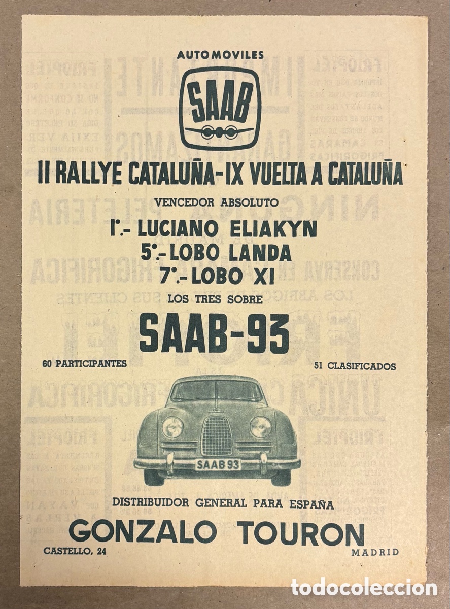 Otros art&iacute;culos de coleccionismo en papel: II RALLY CATALU&Ntilde;A - IX VUELTA CATALU&Ntilde;A. ANUNCIO PUBLICITARIO SAAB 93 PERI&Oacute;DICO ABC A&Ntilde;O 1958
