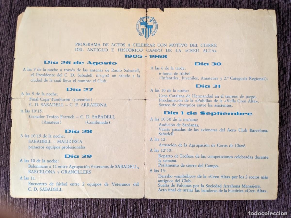 Otros art&iacute;culos de coleccionismo en papel: Actos de cierre del antiguo campo &rdquo;Creu Alta&rdquo; C. D. Sabadell 1968