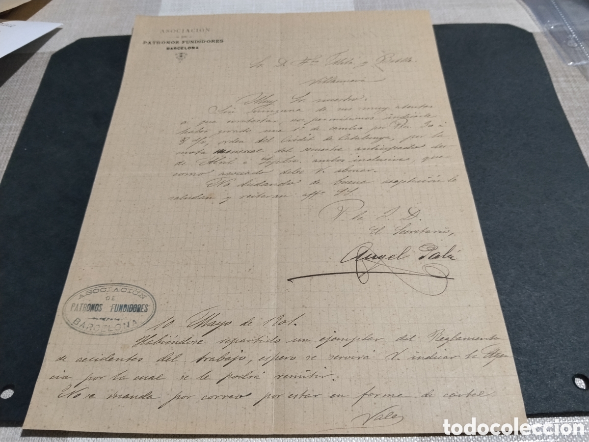 Otros art&iacute;culos de coleccionismo en papel: Carta comercial asociaci&oacute;n de Patronos Fundidores, Barcelona 1901