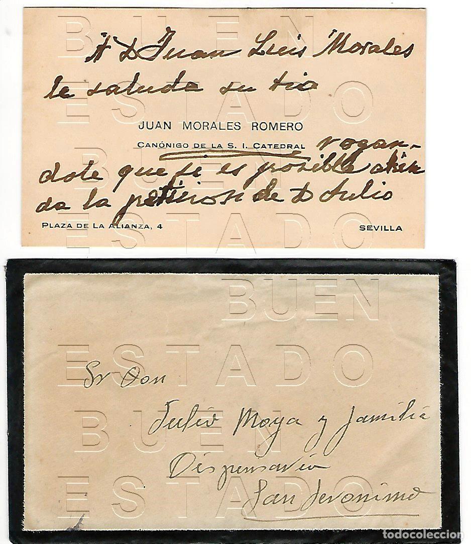 Altri oggetti di carta: SEVILLA JUAN MORALES ROMERO CANONIGO CATEDRAL TARJETA DE VISITA ESCRITA M60