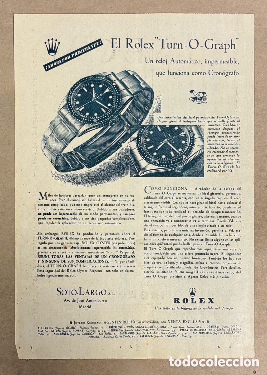 Collectionnisme Papier divers: RELOJ ROLEX &ldquo;TURN O GRAPH&rdquo;. ANUNCIO PUBLICITARIO PERI&Oacute;DICO ABC A&Ntilde;O 1954.