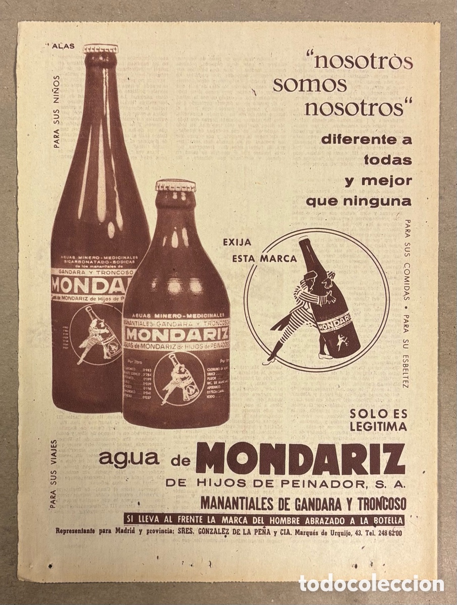 Collectionnisme Papier divers: AGUA DE MONDARIZ. ANUNCIO PUBLICITARIO PERI&Oacute;DICO ABC A&Ntilde;O 1960.