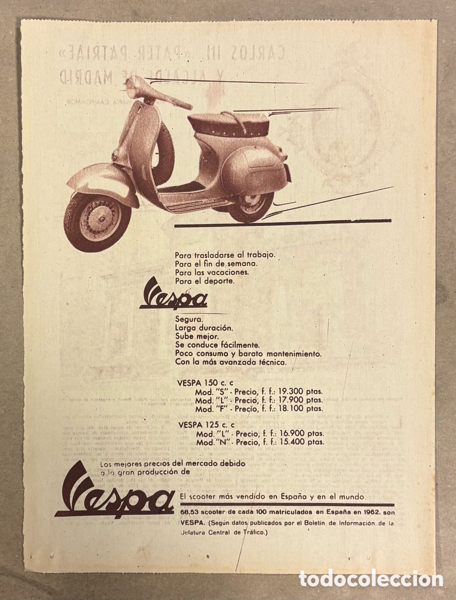 Collectionnisme Papier divers: MOTO VESPA. ANUNCIO PUBLICITARIO PERI&Oacute;DICO ABC A&Ntilde;O 1963.