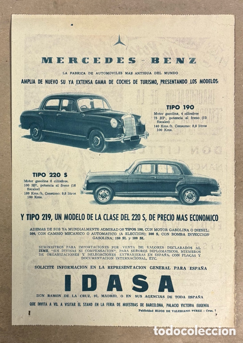 Collectionnisme Papier divers: MERCEDES BENZ 190 y 220 S. ANUNCIO PUBLICITARIO PERI&Oacute;DICO ABC A&Ntilde;O 1957. IDASA