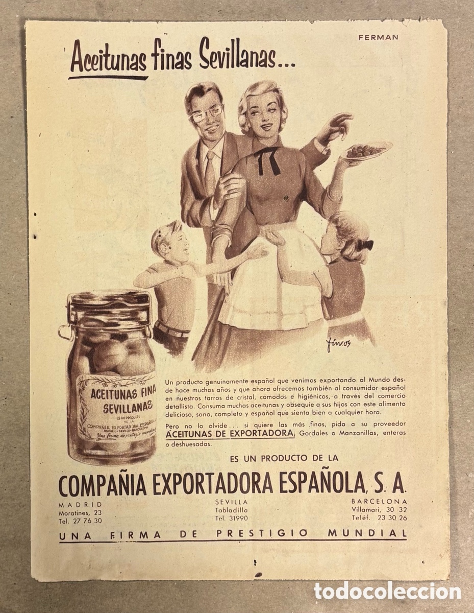 Collectionnisme Papier divers: ACEITUNAS FINAS SEVILLANAS. ANUNCIO PUBLICITARIO PERI&Oacute;DICO ABC A&Ntilde;O 1958.. COMPA&Ntilde;&Iacute;A EXPORTADORA ESPA&Ntilde;