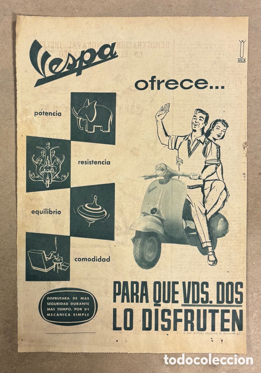 Collectionnisme Papier divers: MOTO VESPA. ANUNCIO PUBLICITARIO PERI&Oacute;DICO ABC A&Ntilde;O 1958.