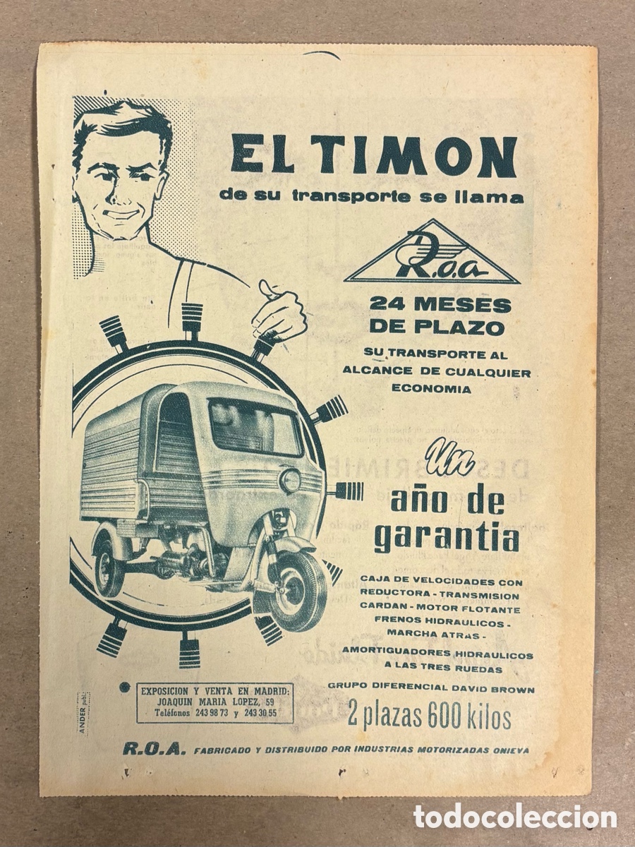 Otros art&iacute;culos de coleccionismo en papel: MOTOCARROS R.O.A. ANUNCIO PUBLICITARIO PERI&Oacute;DICO ABC A&Ntilde;OS 1959.