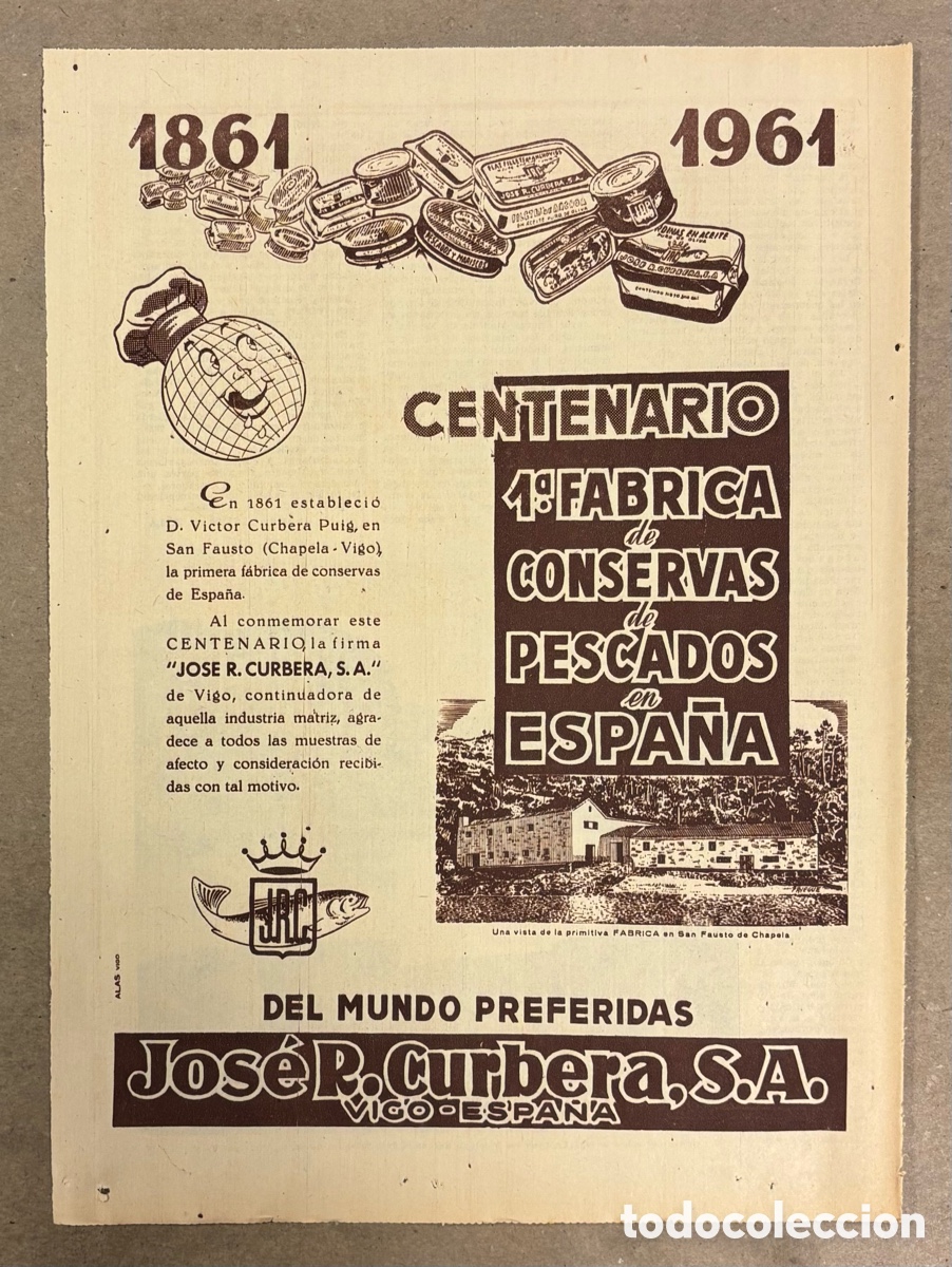 Otros art&iacute;culos de coleccionismo en papel: CONSERVAS JOS&Eacute; R. CURBERA. ANUNCIO PUBLICITARIO PERI&Oacute;DICO ABC A&Ntilde;O 1961