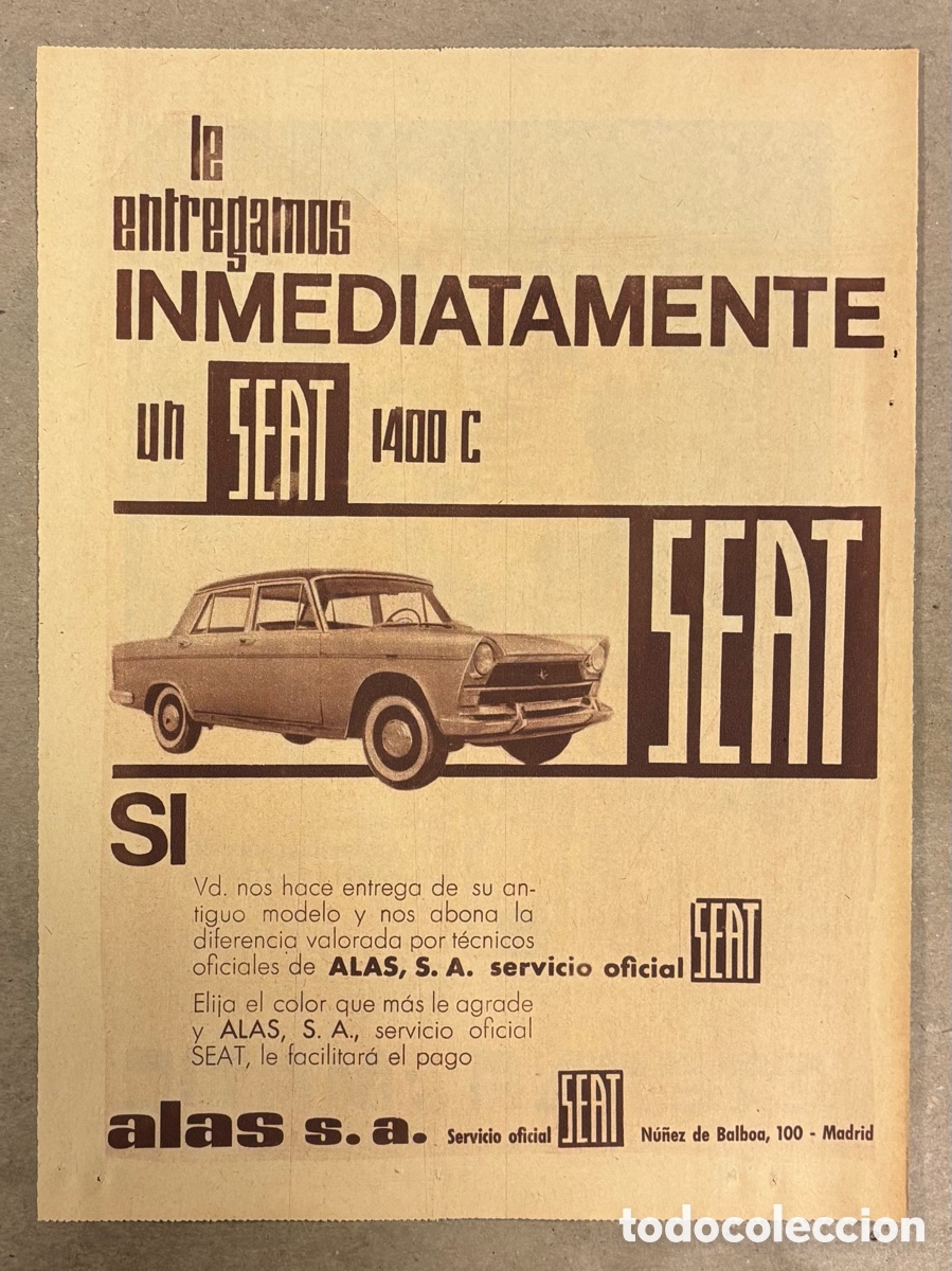 Otros art&iacute;culos de coleccionismo en papel: SEAT 1400 C. ANUNCIO PUBLICITARIO PERI&Oacute;DICO ABC A&Ntilde;O 1961.