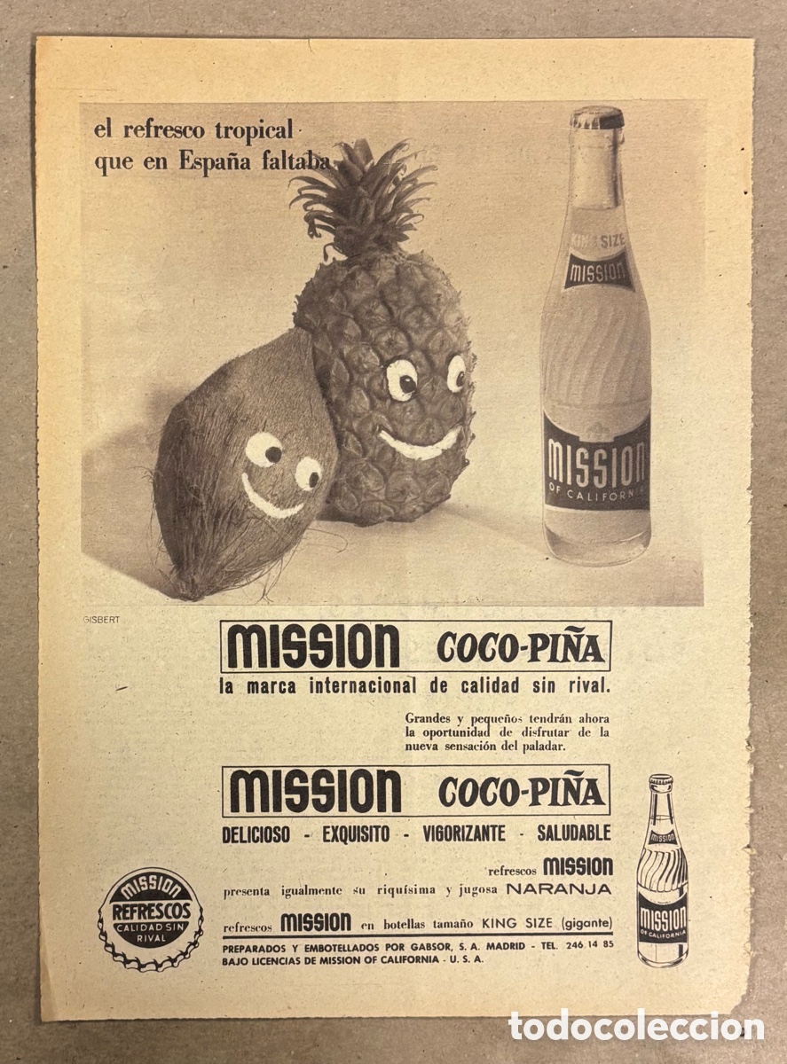 Otros art&iacute;culos de coleccionismo en papel: REFRESCOS MISSION COCO-PI&Ntilde;A. ANUNCIO PUBLICITARIO PERI&Oacute;DICO ABC A&Ntilde;O 1961.