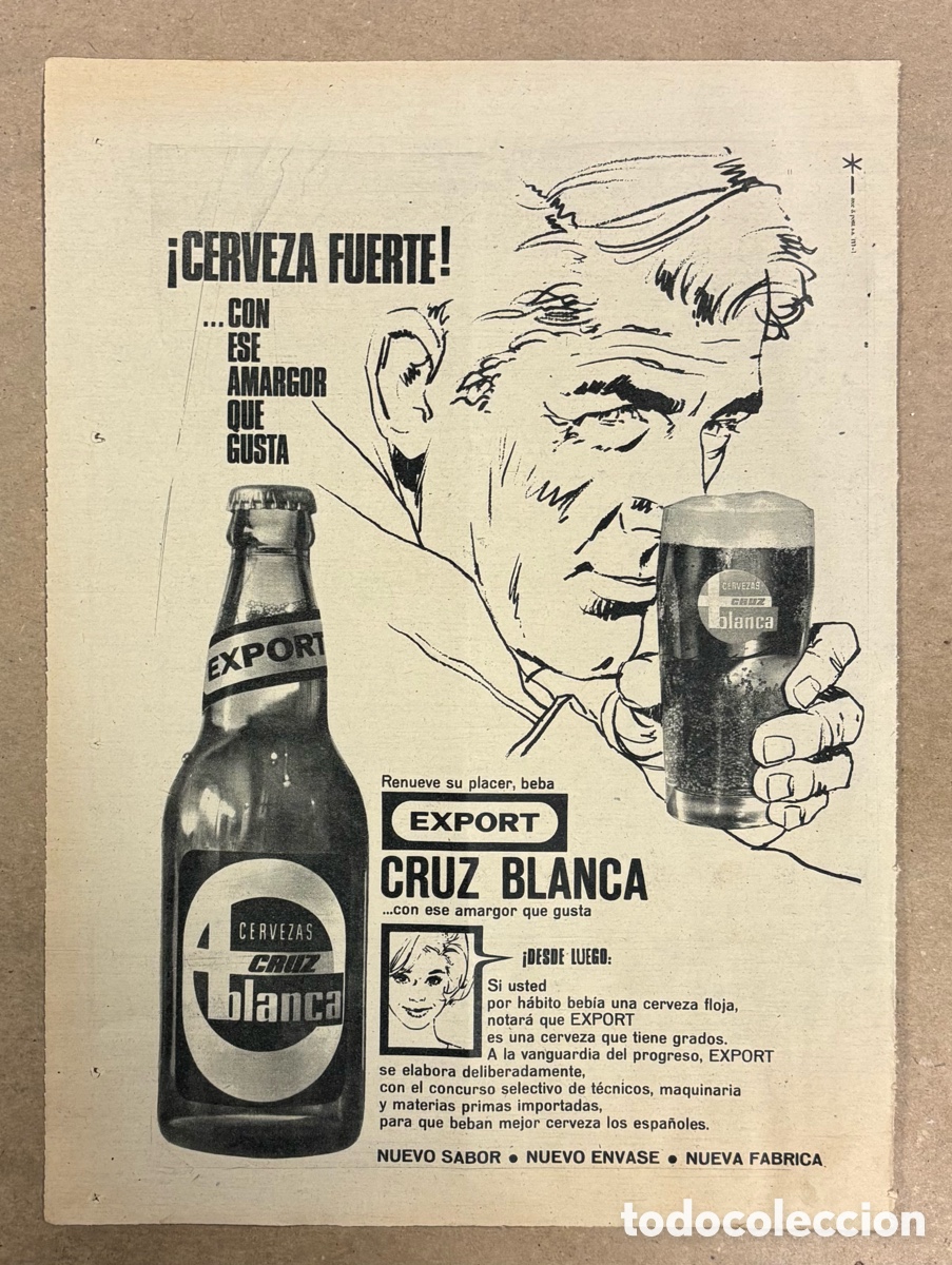 Otros art&iacute;culos de coleccionismo en papel: CERVEZA EXPORT CRUZ BLANCA. ANUNCIO PUBLICITARIO PERI&Oacute;DICO ABC A&Ntilde;O 1965.