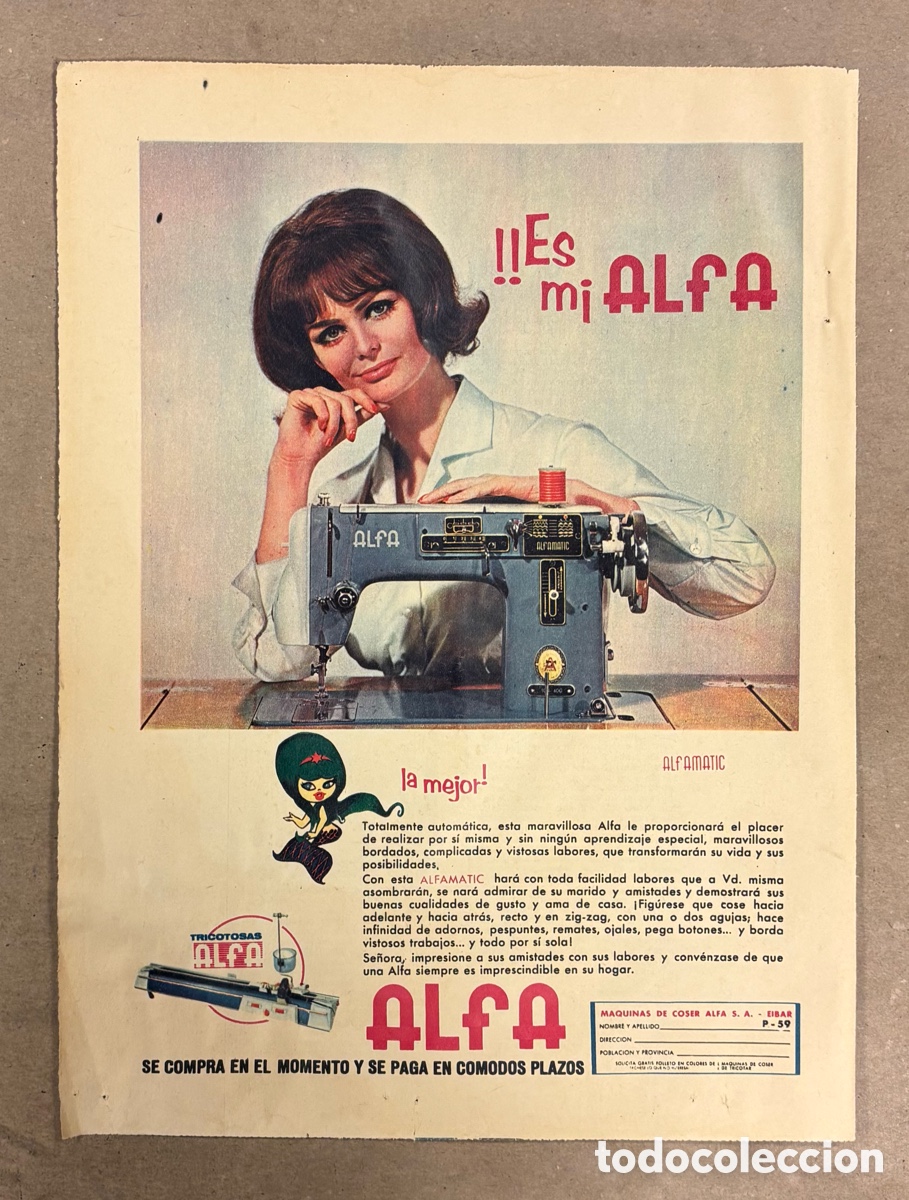 Otros art&iacute;culos de coleccionismo en papel: M&Aacute;QUINA DE COSER ALFA. ANUNCIO PUBLICITARIO PERI&Oacute;DICO ABC A&Ntilde;O 1965