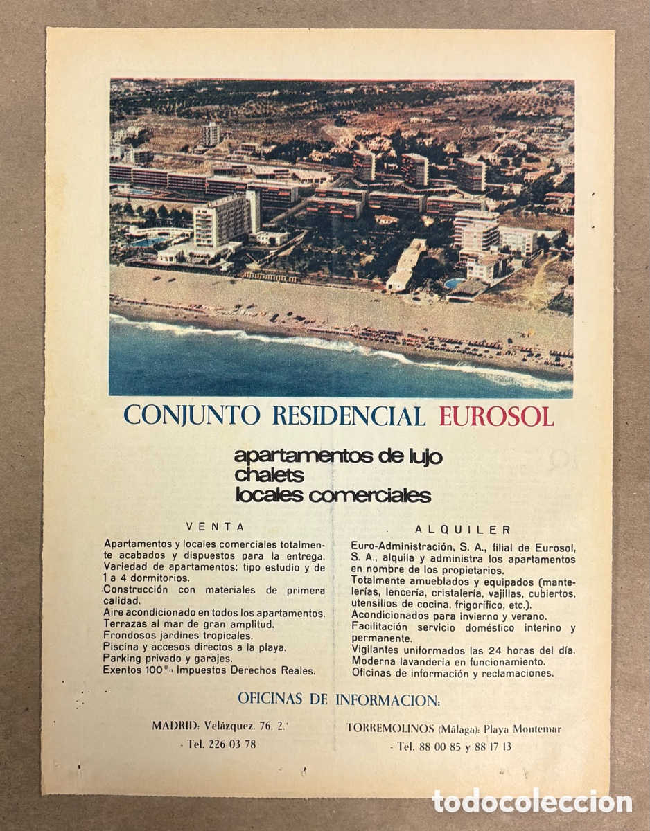 Otros art&iacute;culos de coleccionismo en papel: CONJUNTO RESIDENCIAL EUROSOL TORREMOLINOS. ANUNCIO PUBLICITARIO PERI&Oacute;DICO ABC A&Ntilde;O 1966.