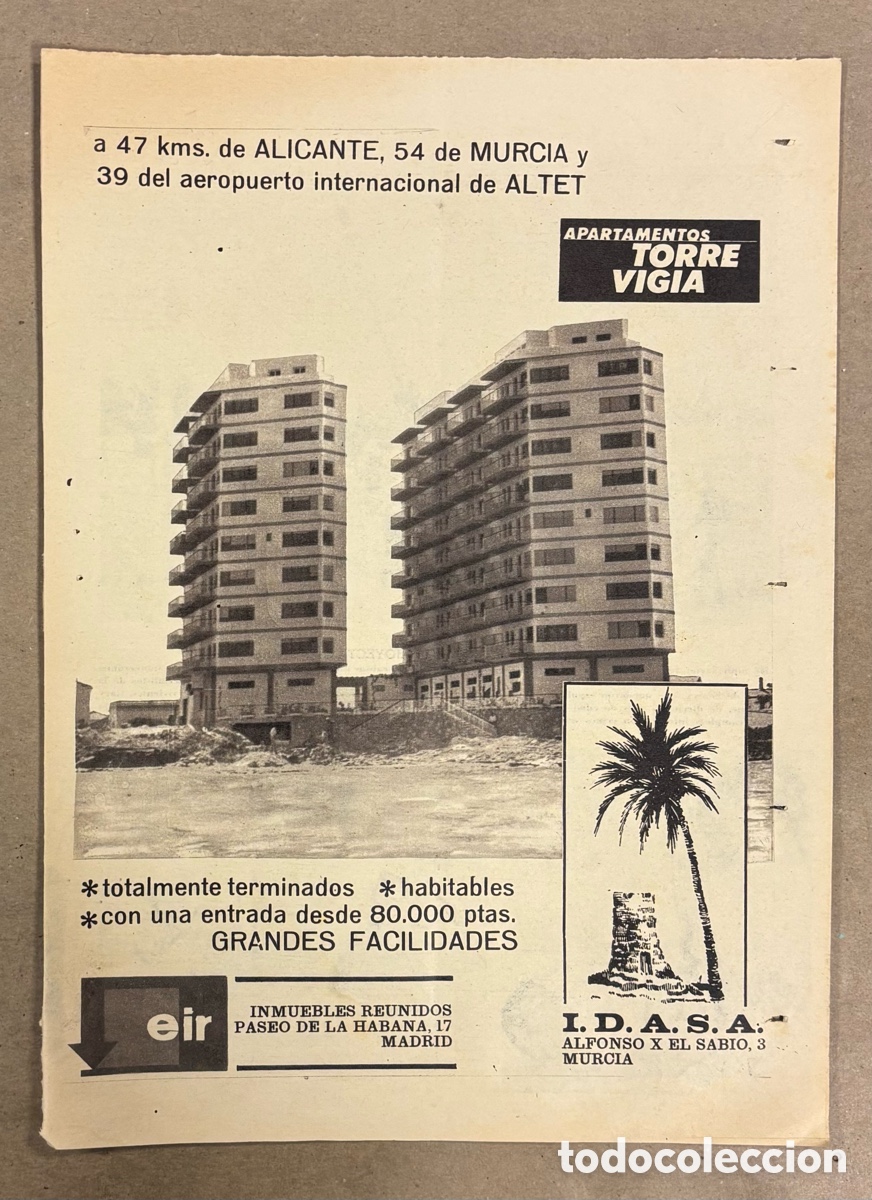 Otros art&iacute;culos de coleccionismo en papel: APARTAMENTOS TORRE VIGIA (ALICANTE - MURCIA). ANUNCIO PUBLICITARIO PERI&Oacute;DICO ABC A&Ntilde;O 1965..