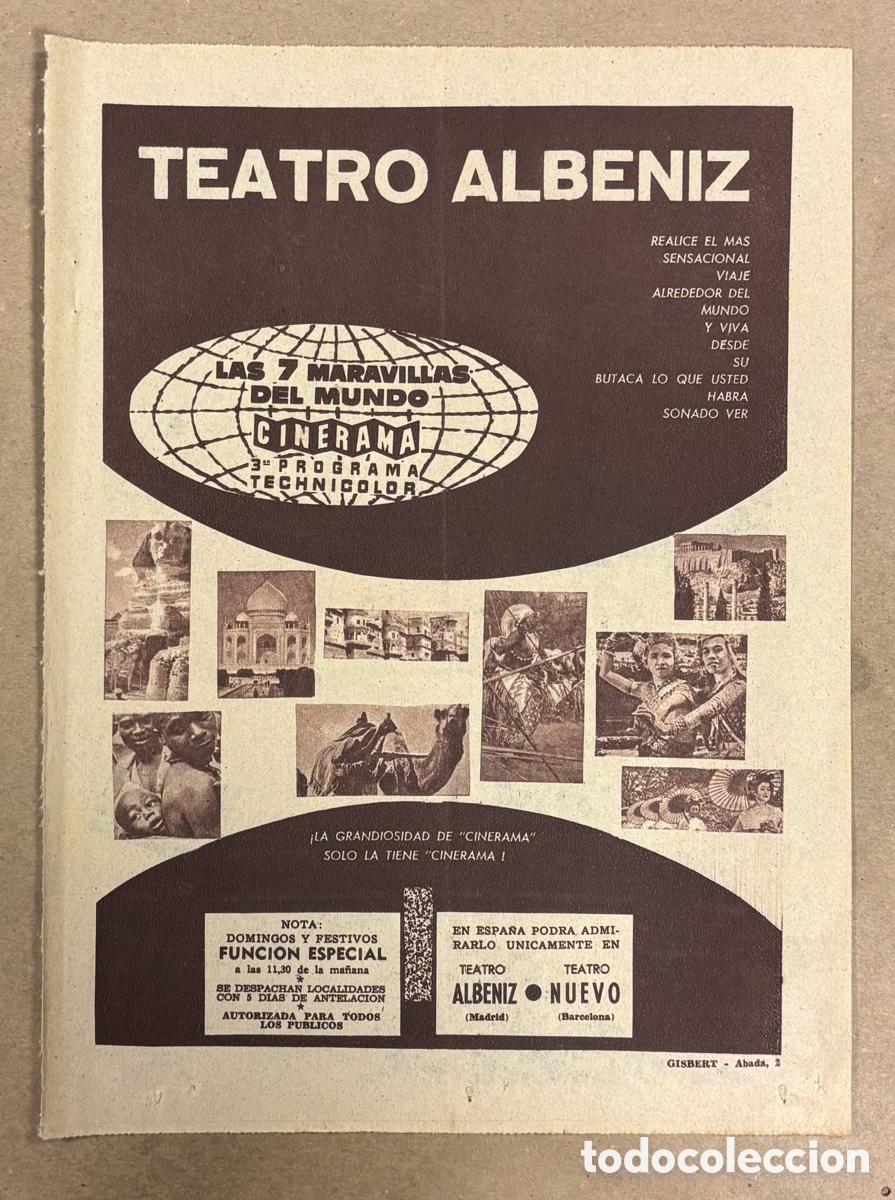 Otros art&iacute;culos de coleccionismo en papel: LAS 7 MARAVILLAS DDL MUNDO. ANUNCIO CARTEL TEATRO ALBENIZ PERI&Oacute;DICO ABC A&Ntilde;O 1960