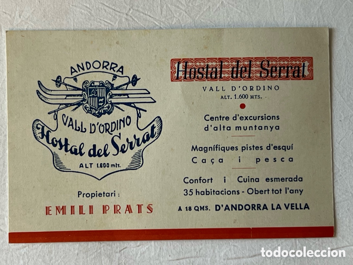 Otros art&iacute;culos de coleccionismo en papel: ANDORRA LA VELLA. Tarjeta Hostal del Serrat. Vall D&rsquo;ordino (h.1950?) Tarjeta Comercial