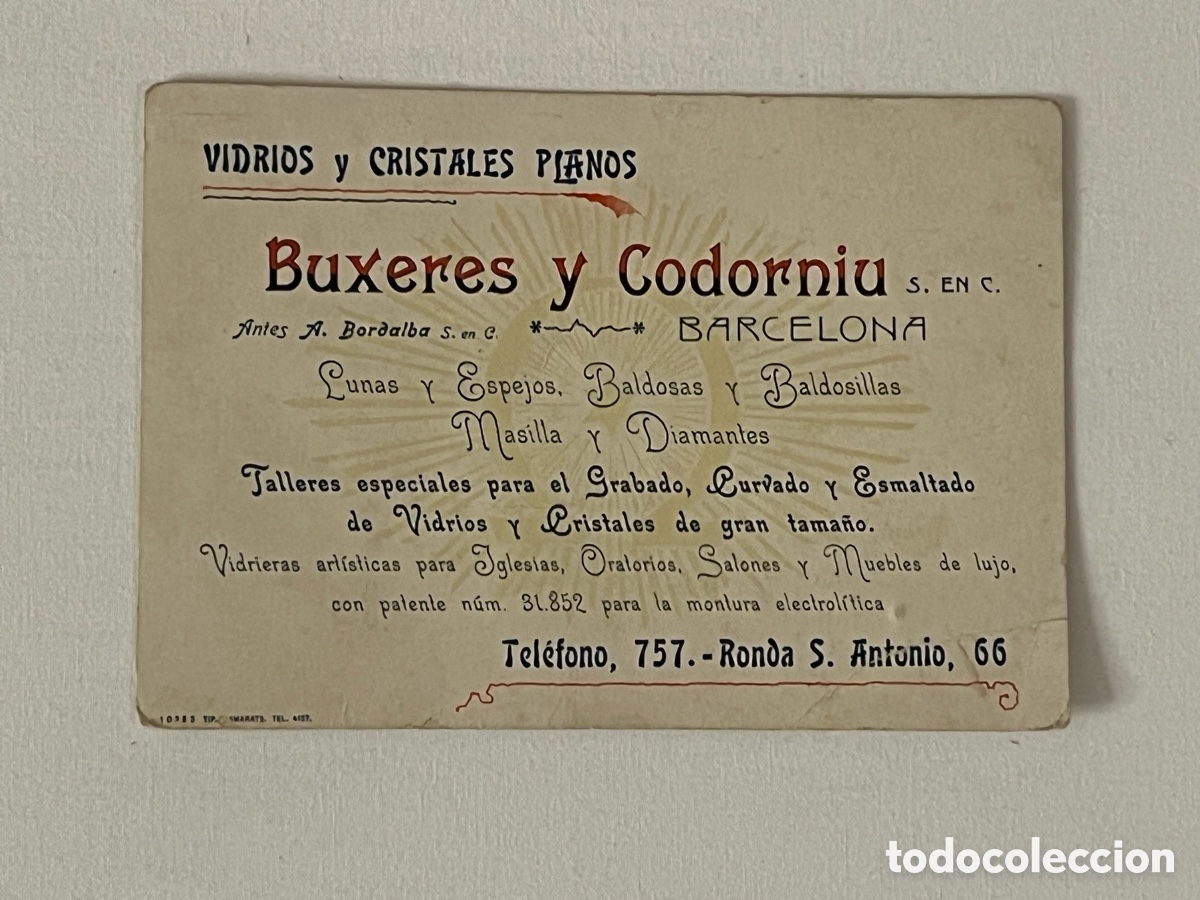 Otros art&iacute;culos de coleccionismo en papel: BARCELONA. Buxeres y Codorniu. VIDRIOS Y CRISTALES PLENOS. Tarjeta Comercial (h.1950?)