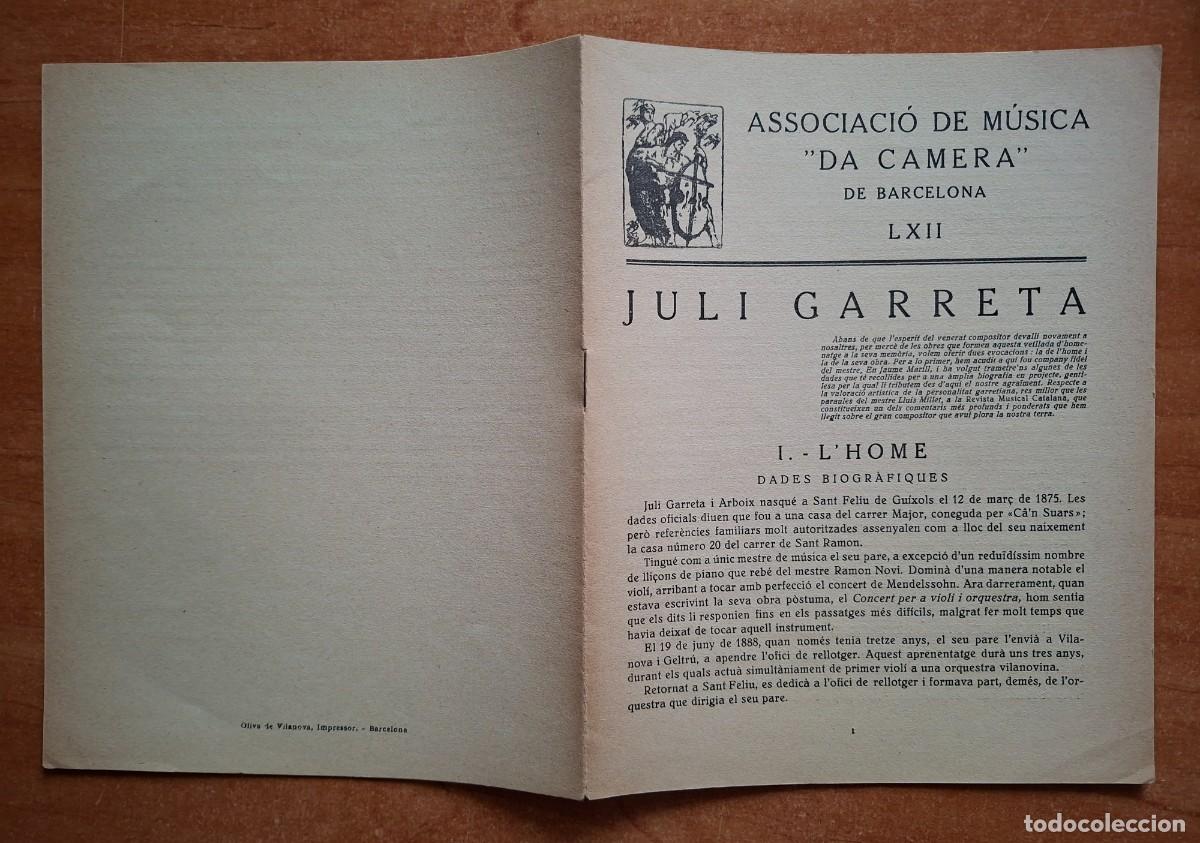 Otros art&iacute;culos de coleccionismo en papel: FOLLETO ASSOCIACIO DE MUSICA DE CAMERA - BARCELONA - JULI GARRETA- EN CATALAN